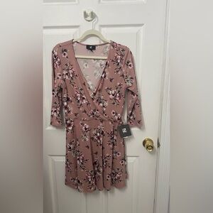 Mauve Pink and maroon Flower 3/4 sleeve V-neck dress